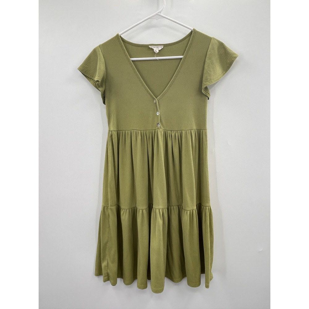 See You Monday Olive Green Ribbed Babydoll Mini Dress Small Boho Cottagecore - Picture 2 of 8